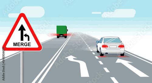 Approaching Merge Point On The Road With Cars And Trucks During The Day