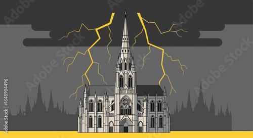 Architectural Majesty Confronts Tempestuous Weather On Gothic Cathedral Illustration