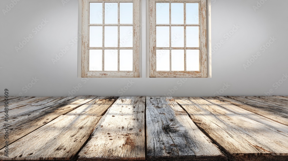 Empty room with aged wooden floor and large windows Empty room with aged wooden floor and large windows