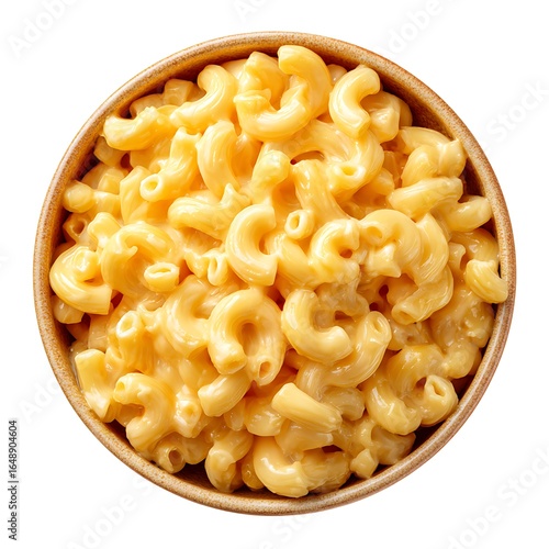 Overhead view of creamy macaroni and cheese in a rustic bowl on a white background pasta food