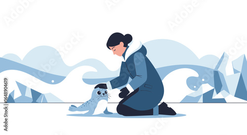 Arctic Encounter Woman Bonds With Seal Among Icebergs Vector Illustration