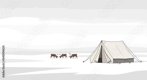 Arctic Expedition Illustration Featuring Reindeer and a Classic Canvas Tent