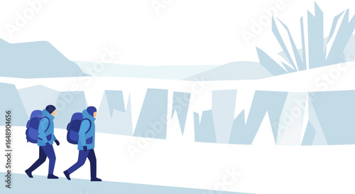 Arctic Expedition Two Hikers Explore The Glacial Landscape With Adventure Spirit