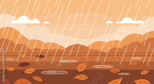 Autumnal Rainscape Falling Leaves Damp Ground Seasonal Weather Vector Design