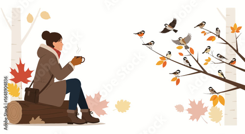 Autumnal Serenity Woman Enjoying Coffee Birds and Changing Leaves for a Peaceful Seasonal Illustration