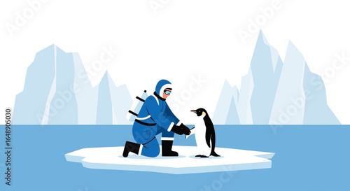 Arctic Researcher Observing Penguin On Iceberg In Snowy Environment Expedition