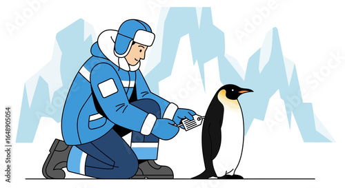 Arctic Scientist Attaching Tracking Device to Penguin for Wildlife Research Project