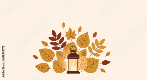 Autumnal Still Life With Glowing Lantern Surrounded By Falling Leaves Art