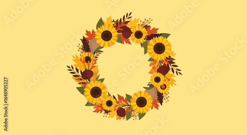Autumnal Sunflower Wreath Displaying Seasonal Flora and Botanical Elements