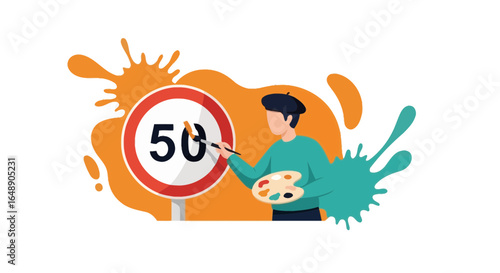 Artist Amends Speed Limit Sign With Palette And Brush With Creative Splashes