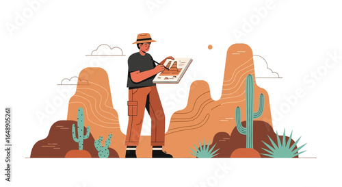 Artist Captures Desert Landscape on Canvas Outdoors in Natural Setting
