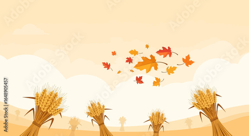 Autumnal Wheat Harvest Landscape And Colorful Leaves Flat Design Background