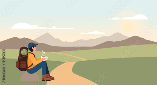 Backpacker enjoying a peaceful coffee break amidst a stunning mountain landscape scene