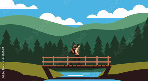 Backpacker Crossing Picturesque Wooden Bridge Amidst Serene Mountain Landscape