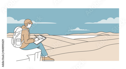 Artist Enjoys Scenic Landscape Drawing Outdoors In Nature Sketching On A Travel Adventure