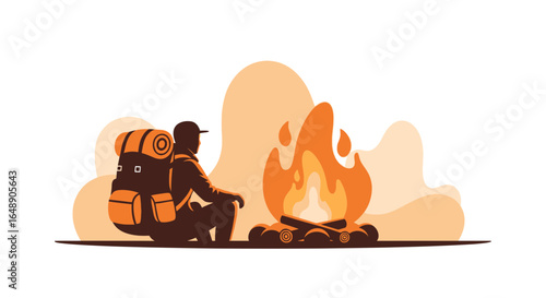 Backpacker Enjoying Campfire In Nature Serene Minimalist Illustration Style