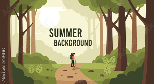 Backpacker Enjoying Summer Landscape Scene In The Forest For Outdoor Adventure