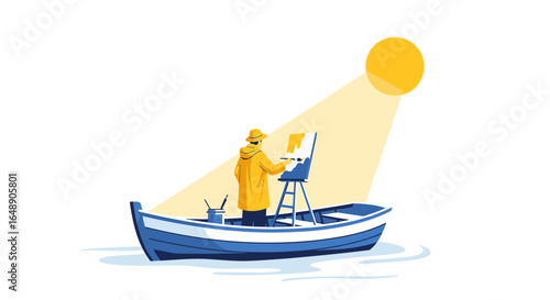 Artist Painting At Sea: Capturing Golden Hour Light On Canvas In A Serene Setting