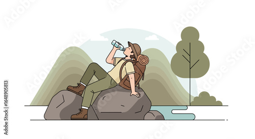 Backpacker Relaxing On Rock After Hike Drinking Water In Mountain Landscape