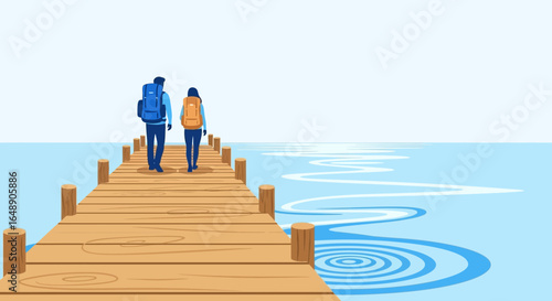 Backpackers Enjoying A Scenic Walk On Wooden Pier Towards Serene Water