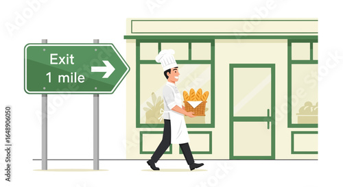 Bakery Deliveries Baker Carries Fresh Bread Exit Sign Near Local Shop