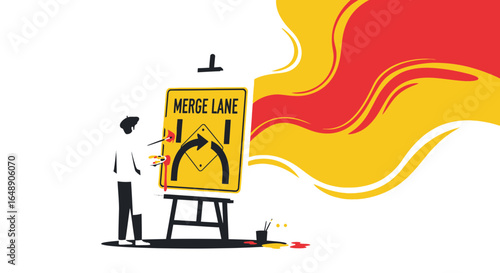 Artistic Depiction Of Traffic Merge Sign And Abstract Expressionist Backdrop