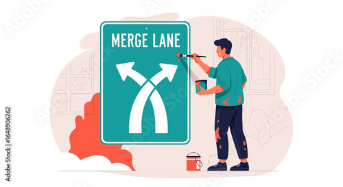 Artistic Man Painting Merge Lane Sign on The Streetside For Urban Renewal Project