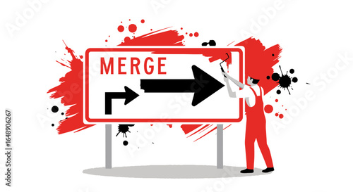 Artistic Merging Concept Showing a Painter Redesigning a Road Sign