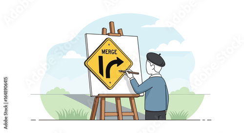 Artist's Depiction Of Merge Sign On Easel In Scenic Outdoor Setting