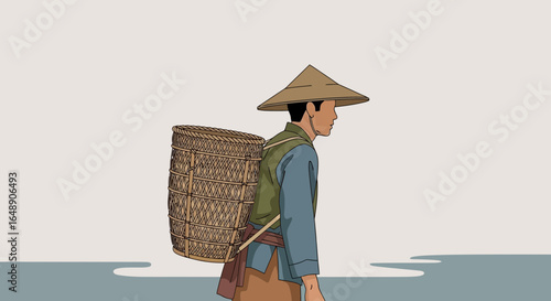 Asian Farmer Carrying a Woven Basket Wearing a Traditional Conical Hat