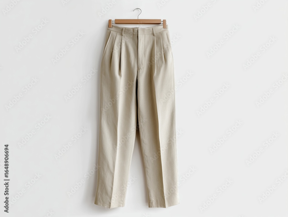 Fototapeta premium Single pair of natural linen low-rise trousers displayed upright on white background with crisp lighting, perfect for fashion, catalog and e-commerce projects.