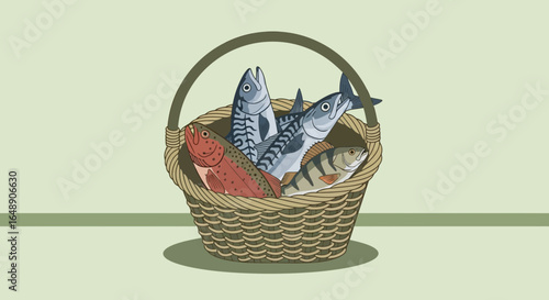 Assortment Of Fresh Fish Species In A Woven Basket Illustration
