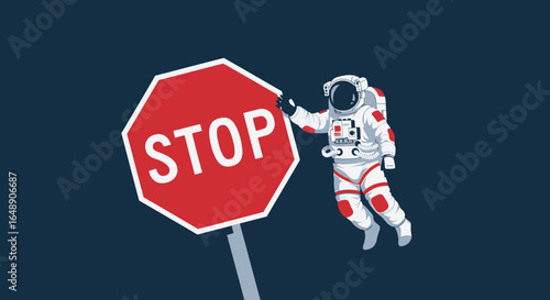 Astronaut Floating Near a Stop Sign In Space With Dark Background