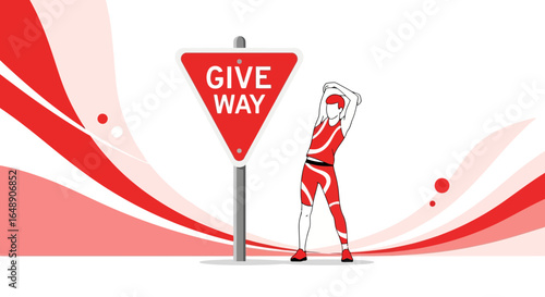 Athlete Stretching Near Give Way Sign With Modern Graphic Element