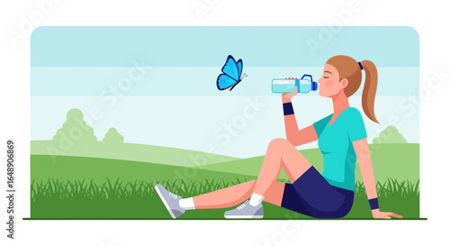 Athletic Woman Hydrating With Water While Resting Outdoors With Butterfly