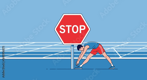Athlete Stretching Against Stop Sign at Blue Track Field Illustration