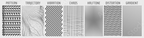 Background of many triangles. Dynamics effect and optical illusion. Wavy curved ribbons. Grid surface. Texture. Black ovals on white backdrop. Cover design template. Vector for brochure, flyer, banner