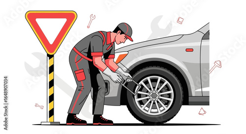 Auto Repair Specialist Inspecting Tire Of Car At Garage Service Center