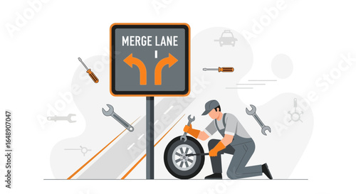 Automotive Professional Performing Tire Maintenance Near Merge Lane Sign