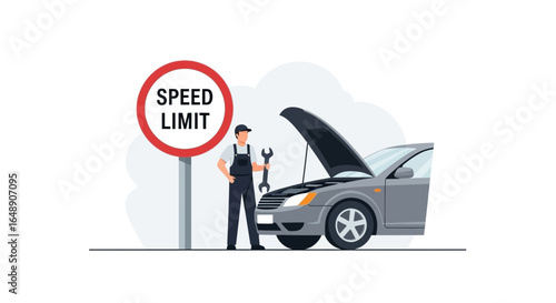 Automotive Technician Diagnosing Engine Troubles Near Speed Limit Sign