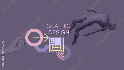The hand presses the index finger on the button a virtual interface. 3D model of human body floating in virtual space. Art composition. Concept. Illustration for brochure, poster, cover, flyer, banner