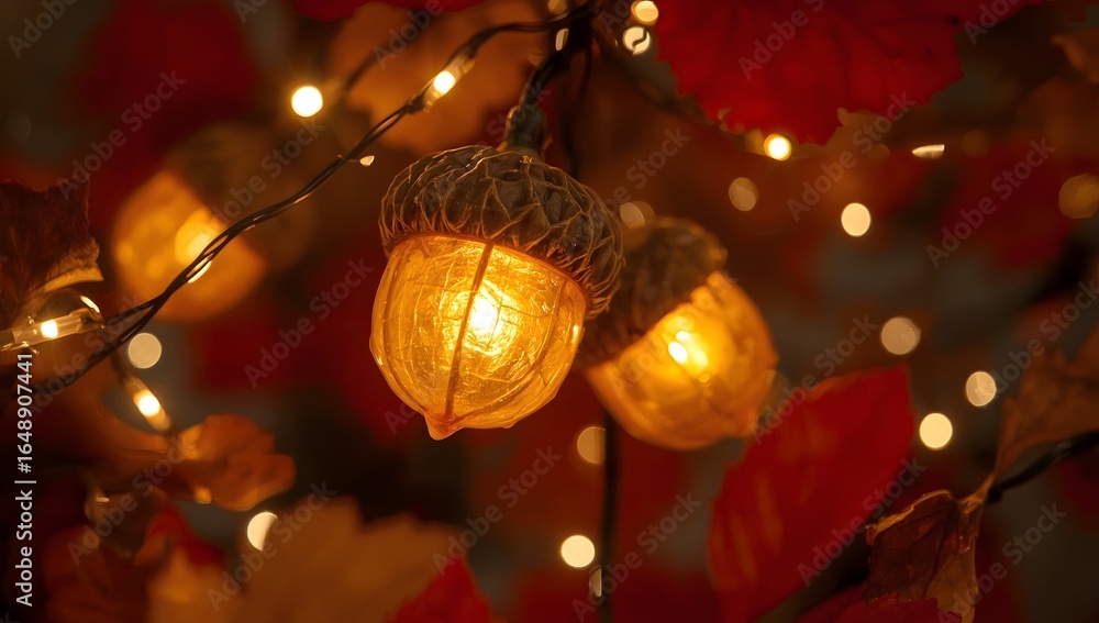 Obraz premium Autumn decor with acorns and fairy lights, cozy fall decoration