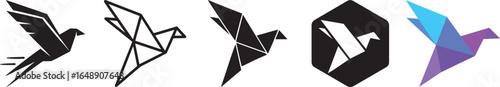 A vector collection of creative bird logo icons shown in various geometric, origami, and minimalist design styles.