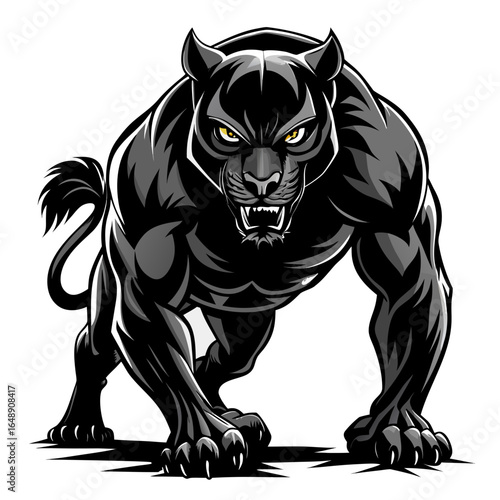 Aggressive black panther crouching with bared teeth and yellow eyes