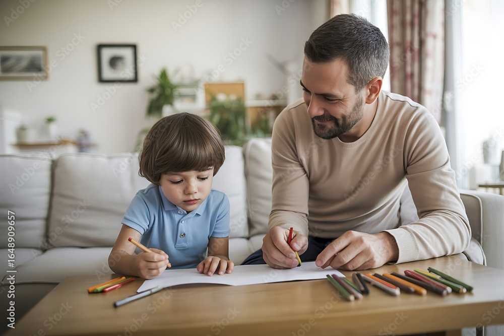 Father and Son Bonding: A heartwarming moment of creative playtime with colored pencils Father and Son Bonding: A heartwarming moment of creative playtime with colored pencils