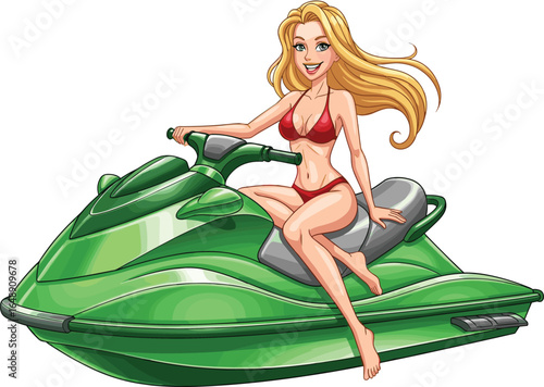 Cartoon character, blonde hair, red bikini, jet ski ride, summer vibe, water sport, stylish pose, beach fun, green vehicle, illustration