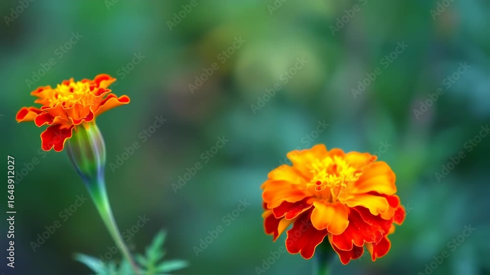 Two vibrant orange-red marigold flowers against a soft teal-green background Two vibrant orange-red marigold flowers against a soft teal-green background