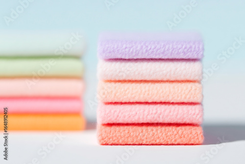 Pastel colored fabric swatches neatly stacked on clean white background