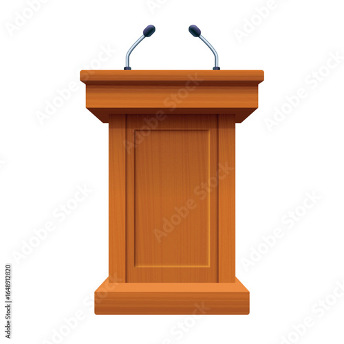 Press conference with microphones on tribune vector illustration. Journalism, interview, public speech concept.