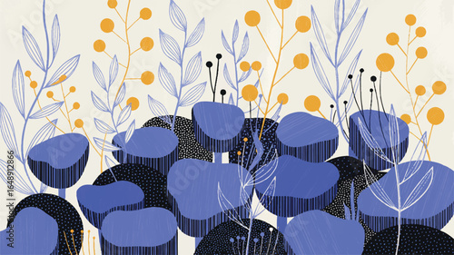 Stylized botanical garden scene with blue leaves and berry plants creating a unique garden aesthetic with modern artistic flair and soft colors